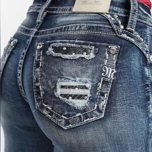 Miss Me Distressed Denim Jeans with Silver Accents Sequin Pearls 29 Curvy Skinny